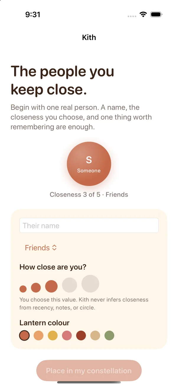 Kith onboarding for adding one real person and choosing closeness without inference