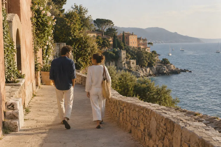 Two people walking together along a stone path overlooking the sea.